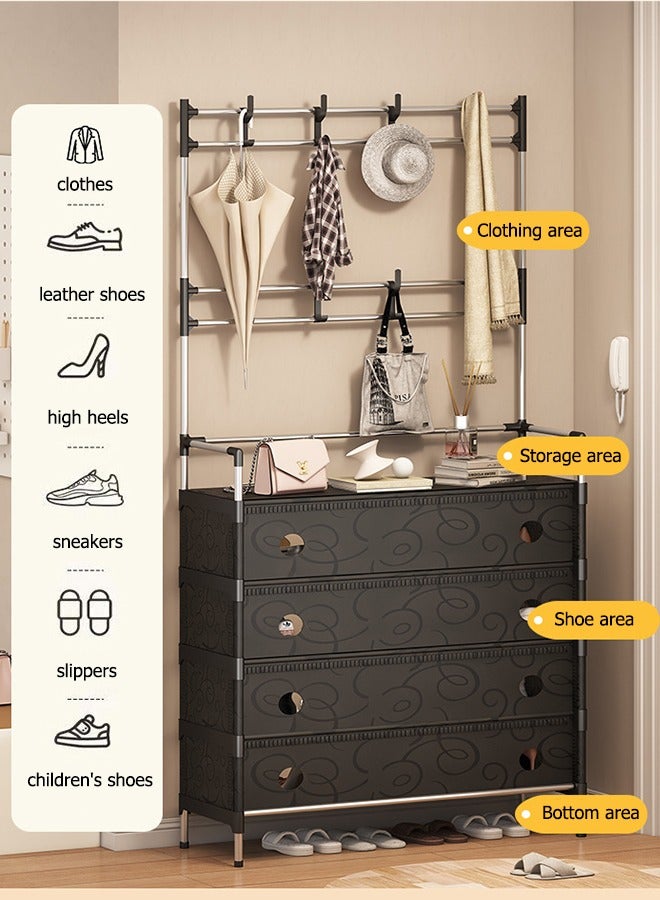 XiuWoo 5-Tier Shoe Rack Coat Rack Storage Rack,Entryway Coat Rack,3-in-1 Hall Tree Shoe Bench with Coat Hat Umbrella Clothes Rack,Storage Shelves with 8 Hooks,Hallway Organizer Strengthened Steel for Clothes Hat Scarf Umbrella Bag Hanging Equipped with Cloth Suitable for Bedroom, Hallway and Garage Storage - Image 2