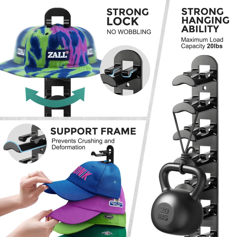 Hatisan Hat Organizer for Baseball Caps, Hat Rack for Wall Closet Door Hold up to 10 Hats,Hat Holder with Adhesive and 4 Screws, Hat Hanger Cap Holder Hat Hangers for Wall Closet Door Bedroom(1pc,B-Black) - Image 3