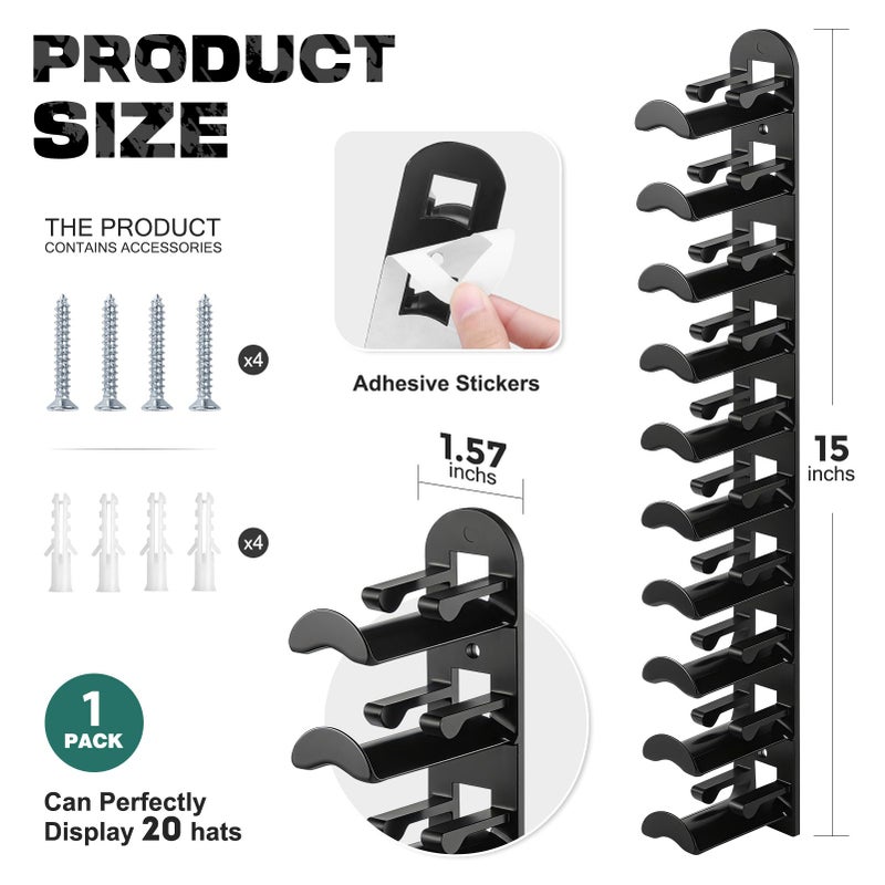 Hatisan Hat Organizer for Baseball Caps, Hat Rack for Wall Closet Door Hold up to 10 Hats,Hat Holder with Adhesive and 4 Screws, Hat Hanger Cap Holder Hat Hangers for Wall Closet Door Bedroom(1pc,B-Black) - Image 2