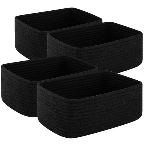 OIASKET 4 Pack Small Storage Shelf Baskets for Organizing Mini Woven Rope Storage Bins for Towels Cute Decorative Closet OrganizerBaby Nursery Gift Empty Baskets 1181Lx787Wx472HBlack - Image 1
