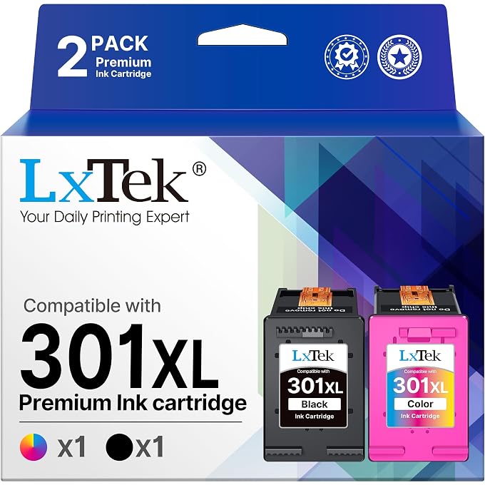 LxTek 301XL High Yield Remanufactured Ink Cartridge Replacement for 301XL for Deskjet 1000 1010 1050 1510 1512 2050 2050A 2510 2540 3050 Envy 4500 4502 4503 5530 5532 2620(Black Colour, 2-Pack)