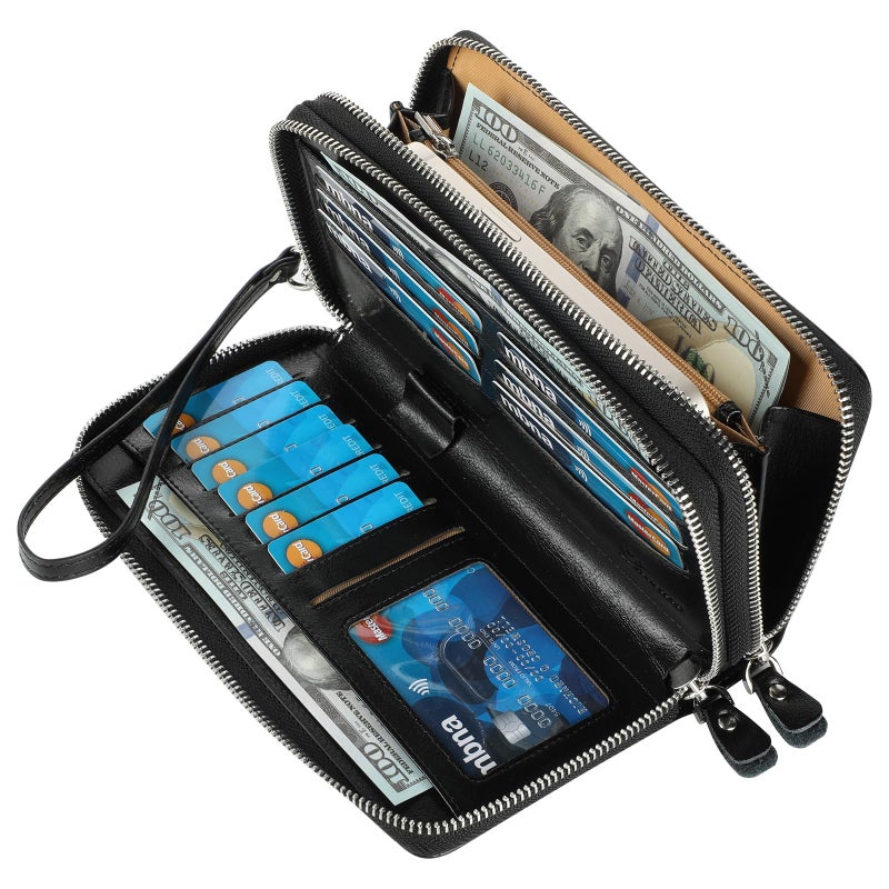 Lavemi Women's 100% Leather Double Zipper Large Capacity RFID Blocking Phone Holder Clutch Travel Purse with Wristlet Strap(Double Zipper Black) - Image 2
