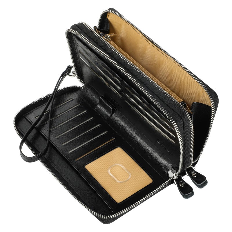 Lavemi Women's 100% Leather Double Zipper Large Capacity RFID Blocking Phone Holder Clutch Travel Purse with Wristlet Strap(Double Zipper Black) - Image 5