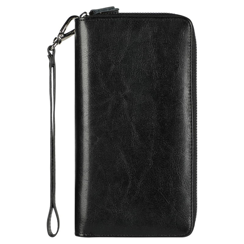 Lavemi Women's 100% Leather Double Zipper Large Capacity RFID Blocking Phone Holder Clutch Travel Purse with Wristlet Strap(Double Zipper Black) - Image 1