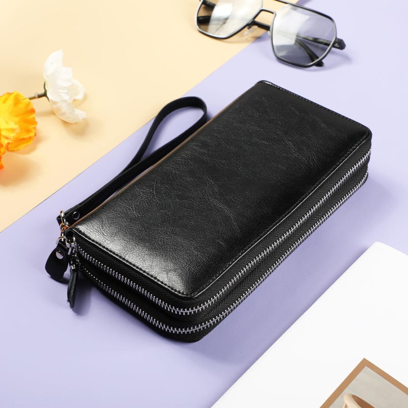 Lavemi Women's 100% Leather Double Zipper Large Capacity RFID Blocking Phone Holder Clutch Travel Purse with Wristlet Strap(Double Zipper Black) - Image 3