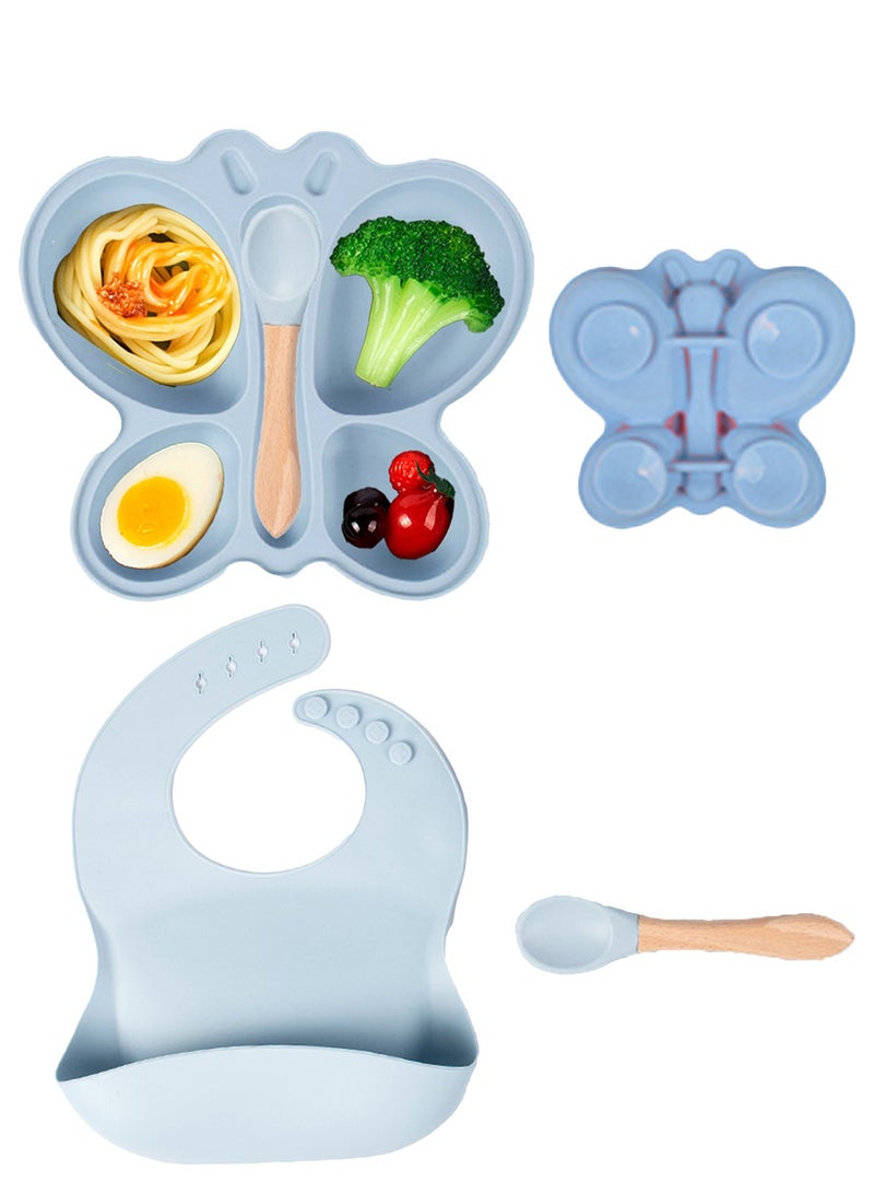 هاناميشي طقم تغذية الأطفال من السيليكون مكون من 3 قطع، أدوات طعام للأطفال الرضع، مستلزمات فطام الأطفال، مريلة للأطفال الصغار، صينية طعام، وعاء، ملعقة للتعلم الذاتي، مستلزمات تغذية الأطفال الصغار. - Image 1