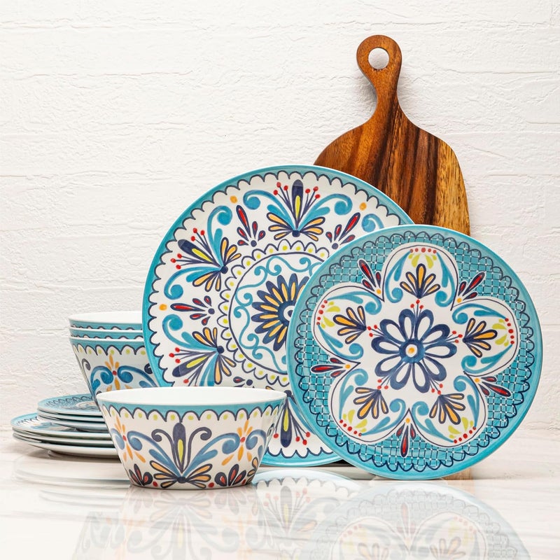 Bzyoo 12Piece Melamine Dinnerware Set  Madallion  Lightweight Durable BPAFree  Dishwasher Safe Dish Set for Indoor  Outdoor Use  Perfect for Camping BBQs Kids Parties - Image 1