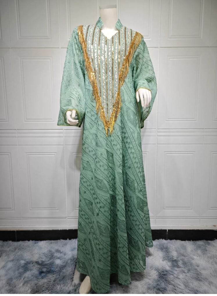 Loquat Ladies Lightweight Fabric Robe Luxury Sequin Embroidered Dress Muslim Abaya Evening Dress Green  - Image 2