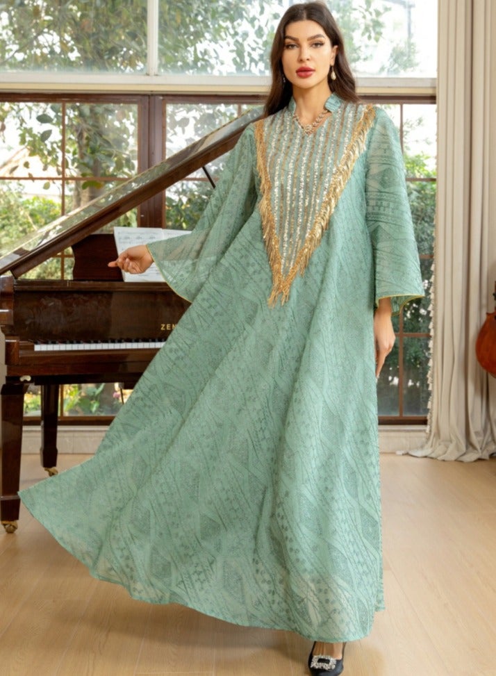 Loquat Ladies Lightweight Fabric Robe Luxury Sequin Embroidered Dress Muslim Abaya Evening Dress Green  - Image 1