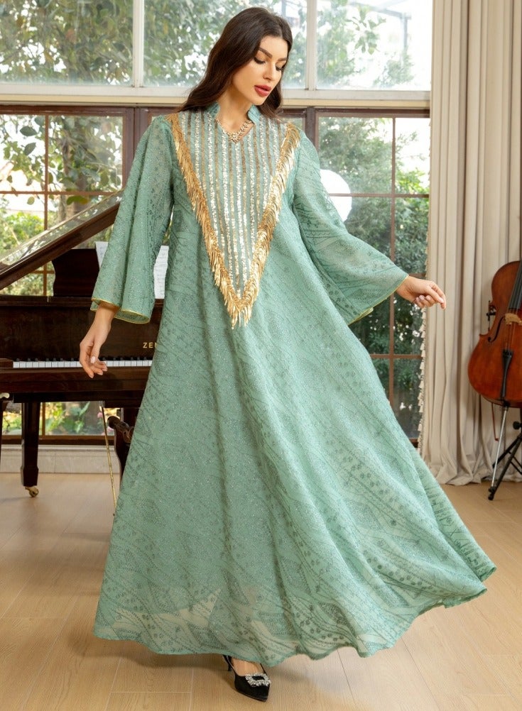 Loquat Ladies Lightweight Fabric Robe Luxury Sequin Embroidered Dress Muslim Abaya Evening Dress Green  - Image 3