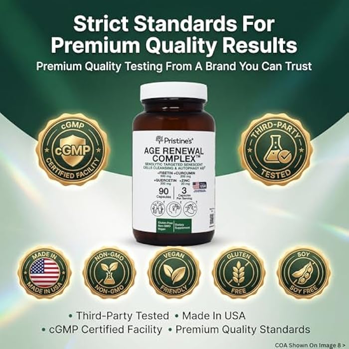 PRISTINE'S Age Renewal Complex - Senescent Cell Remoal & Cellular Health Support - Fisetin, Quercetin, Curcumin, Zinc -Senolytic & Autophagy Aid Supplement - Non-GMO, USA Made Glass Bottle - Image 2