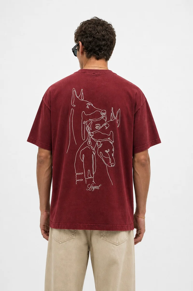 RESPIRE Men's Embroidered Washed Oversize T-Shirt, Burgundy