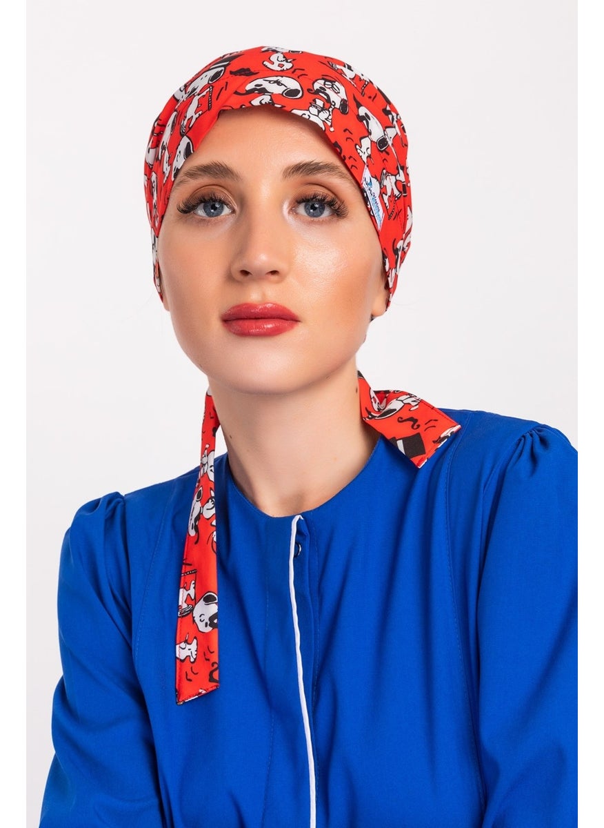 Nur Medikal Giyim Nur Medical Clothing Red Snoppy Patterned Hijab Doctor Nurse Hospital Cook Surgical Cap  - Image 1