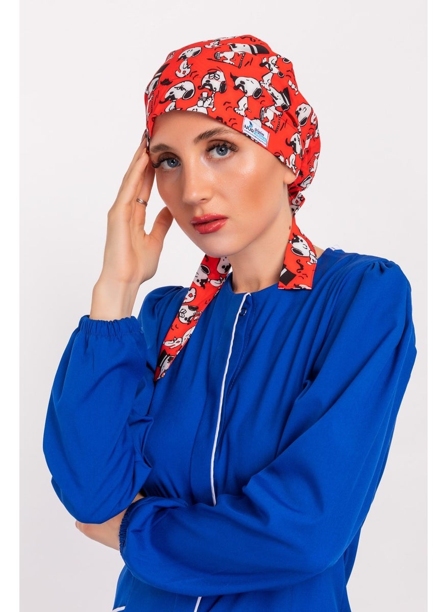 Nur Medikal Giyim Nur Medical Clothing Red Snoppy Patterned Hijab Doctor Nurse Hospital Cook Surgical Cap  - Image 2