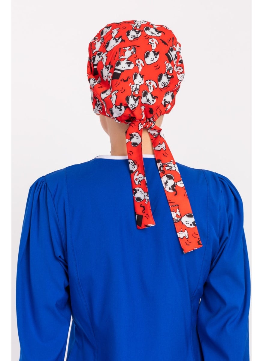 Nur Medikal Giyim Nur Medical Clothing Red Snoppy Patterned Hijab Doctor Nurse Hospital Cook Surgical Cap  - Image 5