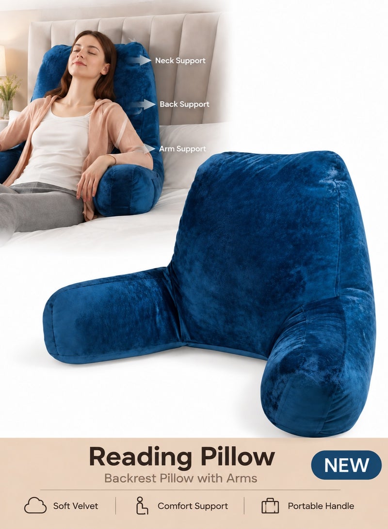 BOFAN Reading Pillow with Arms, Bed Rest Backrest Pillow for Bed & Sofa, PP Cotton Filled Back Support Cushion with Washable Cover and Portable Handle, Blue - Image 1