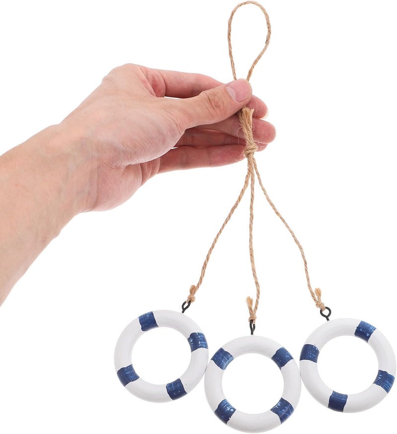 Nautical Swim Ring Hanging Ornament Set, Mediterranean Style Wooden Wall Decor, Light Green Rope Lifebuoy Pendant for Home and Classroom Beach Theme Decoration - Image 2