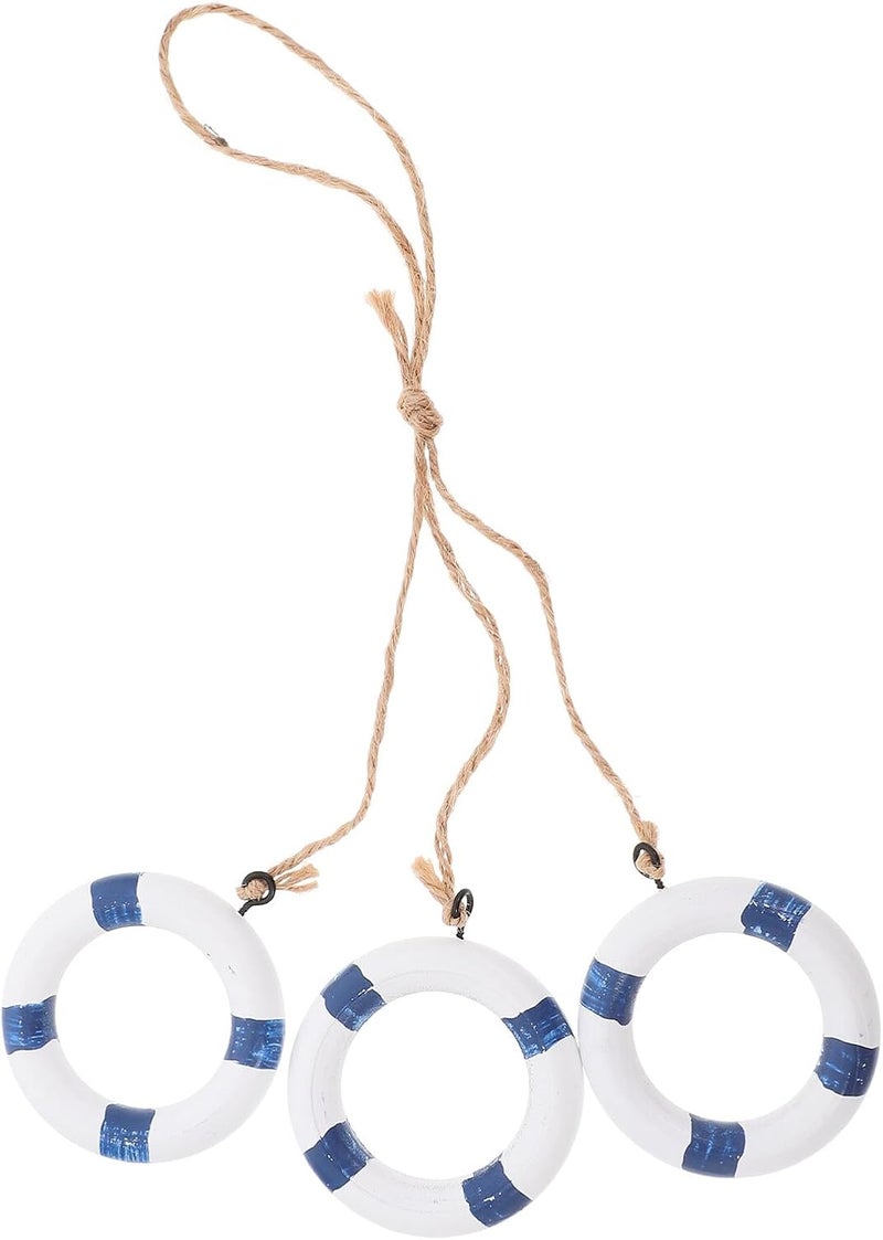 Nautical Swim Ring Hanging Ornament Set, Mediterranean Style Wooden Wall Decor, Light Green Rope Lifebuoy Pendant for Home and Classroom Beach Theme Decoration - Image 1