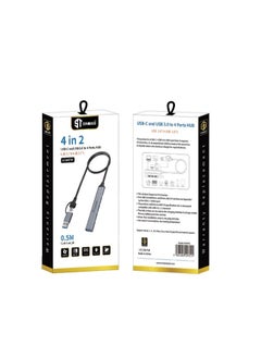 4 in 2 USB 3.0 HUB AND TYPE C HUB UCA9701 WITH 1 PORT USB 3.0 AND 3 PORTS USB 2.0 AND OTG FUNCTION Material AND RUBBER WITH PLUG AND PLAY FUNCTION GREY