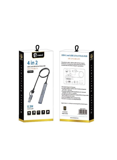 4 in 2 USB 3.0 HUB AND TYPE C HUB UCA9701 WITH 1 PORT USB 3.0 AND 3 PORTS USB 2.0 AND OTG FUNCTION Material AND RUBBER WITH PLUG AND PLAY FUNCTION GREY