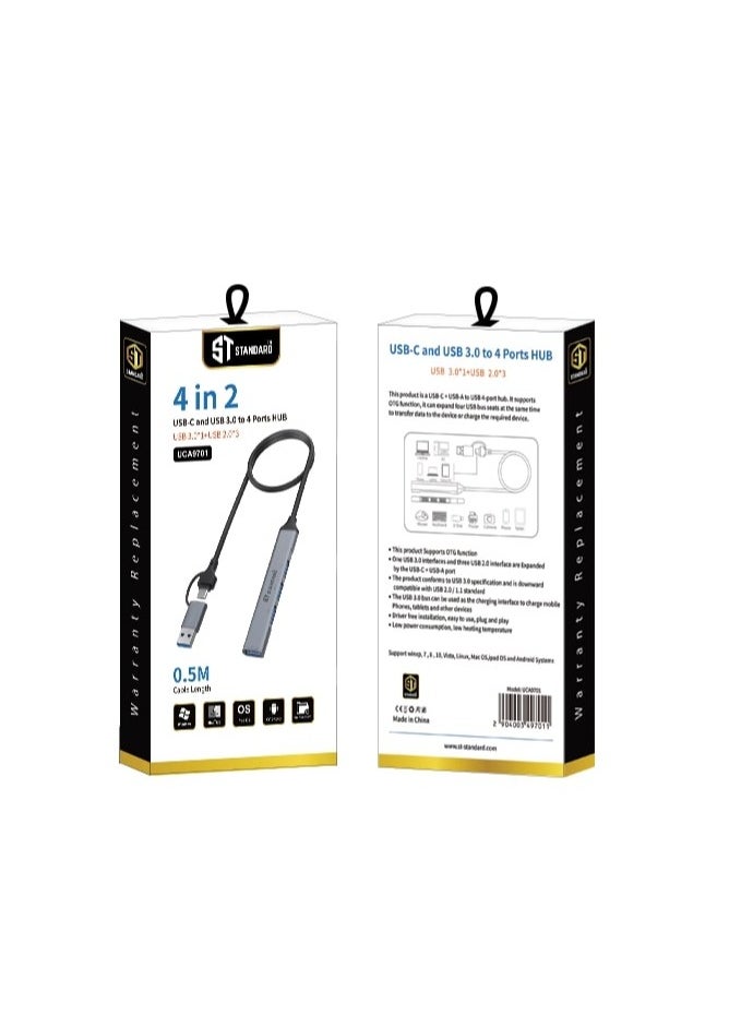 Standard - 4 in 2 USB 3.0 HUB AND TYPE C HUB UCA9701 WITH 1 PORT USB 3.0 AND 3 PORTS USB 2.0 AND OTG FUNCTION Material AND RUBBER WITH PLUG AND PLAY FUNCTION GREY - Image 1