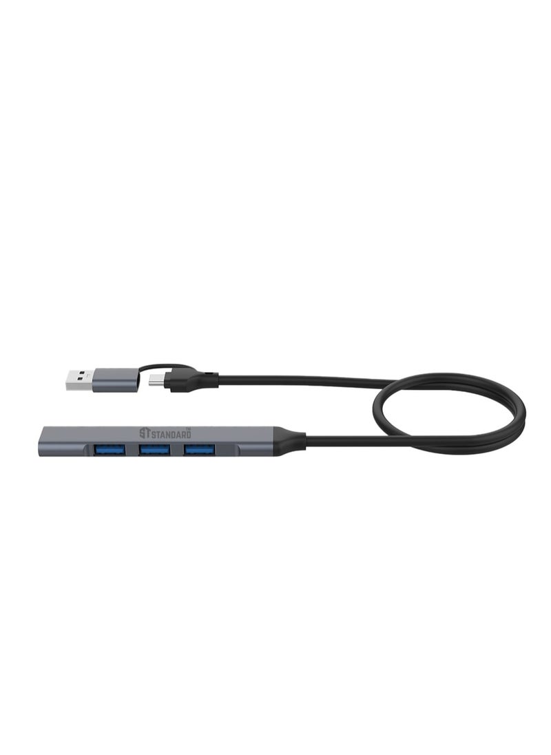 Standard - 4 in 2 USB 3.0 HUB AND TYPE C HUB UCA9701 WITH 1 PORT USB 3.0 AND 3 PORTS USB 2.0 AND OTG FUNCTION Material AND RUBBER WITH PLUG AND PLAY FUNCTION GREY - Image 1