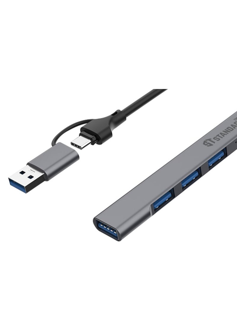 Standard - 4 in 2 USB 3.0 HUB AND TYPE C HUB UCA9701 WITH 1 PORT USB 3.0 AND 3 PORTS USB 2.0 AND OTG FUNCTION Material AND RUBBER WITH PLUG AND PLAY FUNCTION GREY - Image 1
