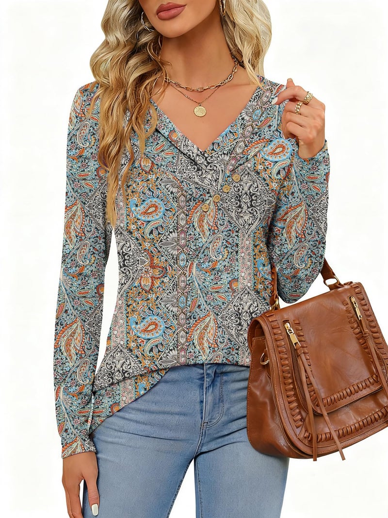FMEYOA Women's Fall Long Sleeve Tunic Tops for Leggings Pleated V Neck Button Casual Blouse Graphic Printed Sweatshirt - Image 5