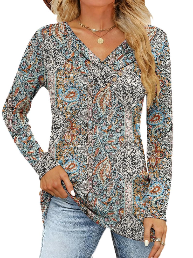 FMEYOA Women's Fall Long Sleeve Tunic Tops for Leggings Pleated V Neck Button Casual Blouse Graphic Printed Sweatshirt - Image 1
