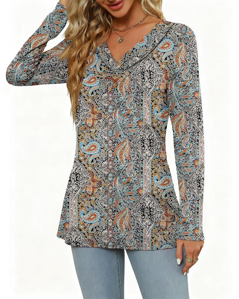 FMEYOA Women's Fall Long Sleeve Tunic Tops for Leggings Pleated V Neck Button Casual Blouse Graphic Printed Sweatshirt - Image 4