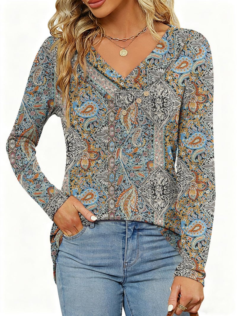 FMEYOA Women's Fall Long Sleeve Tunic Tops for Leggings Pleated V Neck Button Casual Blouse Graphic Printed Sweatshirt - Image 2