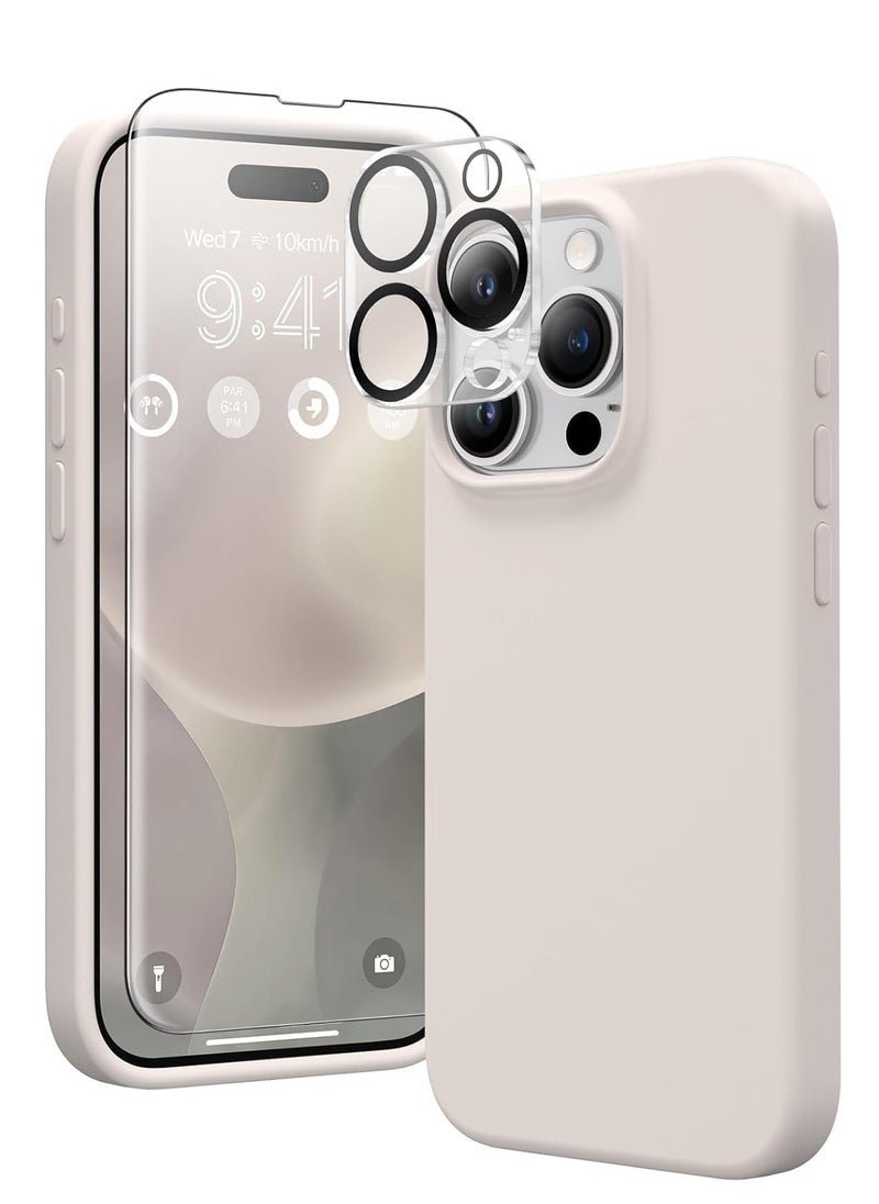Generic Case Compatible with iPhone 15 Pro, with 3X Screen Protector + 3X Camera Lens Protector, Liquid Silicone Shockproof Anti-Scratch Protective Microfiber Lining Phone Case (A-Stone Gray).  - Image 1