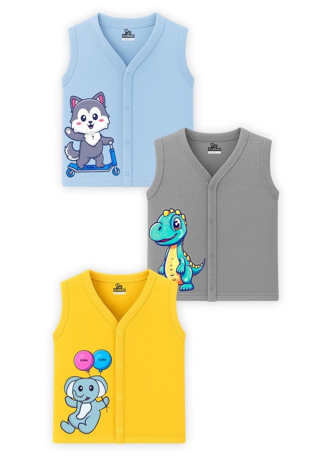 Kidbee Baby Cotton Sleeveless Front Open Jabla - Pack of 3 | Soft Button Vest for Newborns & Infants (in, Age, 0 Months, 3 Months, Regular, BS-JSL-Multi-3pc-B) - Image 1