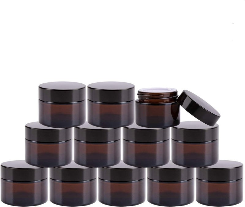 Encheng 15 Pack of 2 oz Amber Round Glass Jars,with Inner Liners and black Lids,Empty Cosmetic Containers,Cream jars
