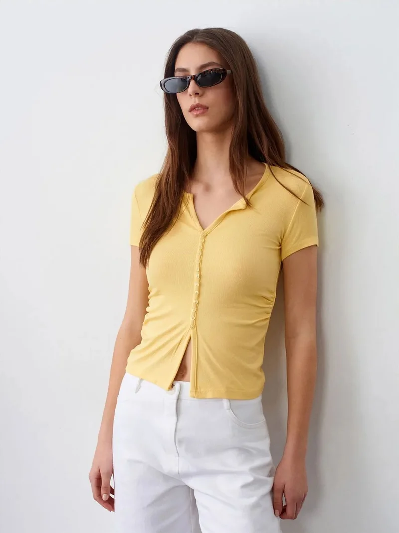 Dilvin DILVIN Slim Fit V-Neck Button Blouse