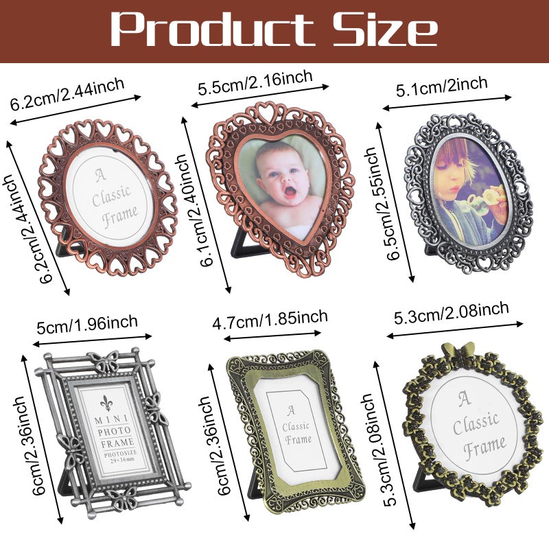 IANFAN 6 Pcs Mini Vintage Picture Frame, One-Inch Size Wallet Picture Frames Tiny Metal Picture Frames Antique Picture Frame for Pictures Paintings Display - Image 2