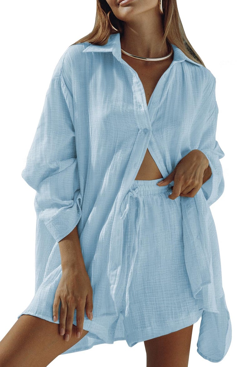 Fixmatti Womens 2 Piece Sweatsuit Sets Oversized Blouse Top High Waist Shorts Loose Loungewear Outfit Blue S - Image 1