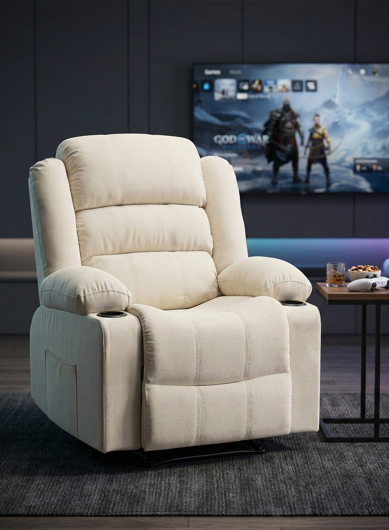 M-Smart Velvet fabric  Fixed Recliner Chair for Living Room - Ergonomic Lazy Boy Chair with Dual Cup Holder & Side Pocket for Long Seating, Reading, Watching TV and Napping, 100x86x89cm - Beige - Image 3