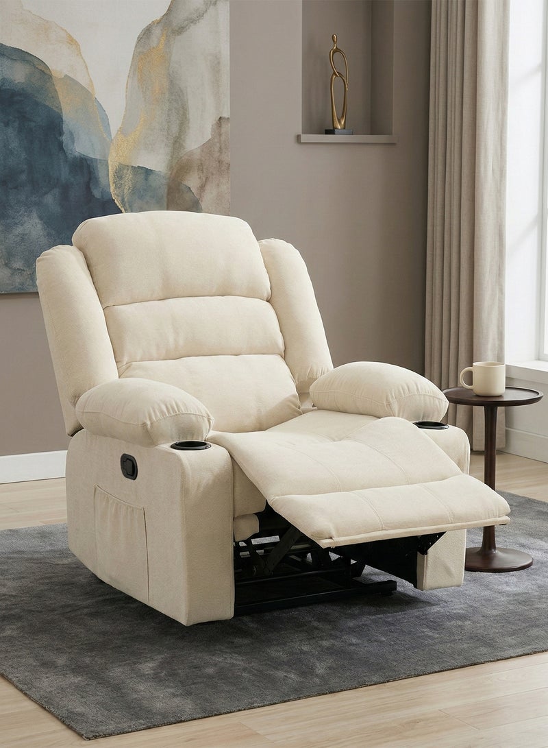 M-Smart Velvet fabric  Fixed Recliner Chair for Living Room - Ergonomic Lazy Boy Chair with Dual Cup Holder & Side Pocket for Long Seating, Reading, Watching TV and Napping, 100x86x89cm - Beige - Image 1