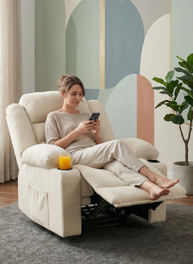 M-Smart Velvet fabric  Fixed Recliner Chair for Living Room - Ergonomic Lazy Boy Chair with Dual Cup Holder & Side Pocket for Long Seating, Reading, Watching TV and Napping, 100x86x89cm - Beige - Image 5