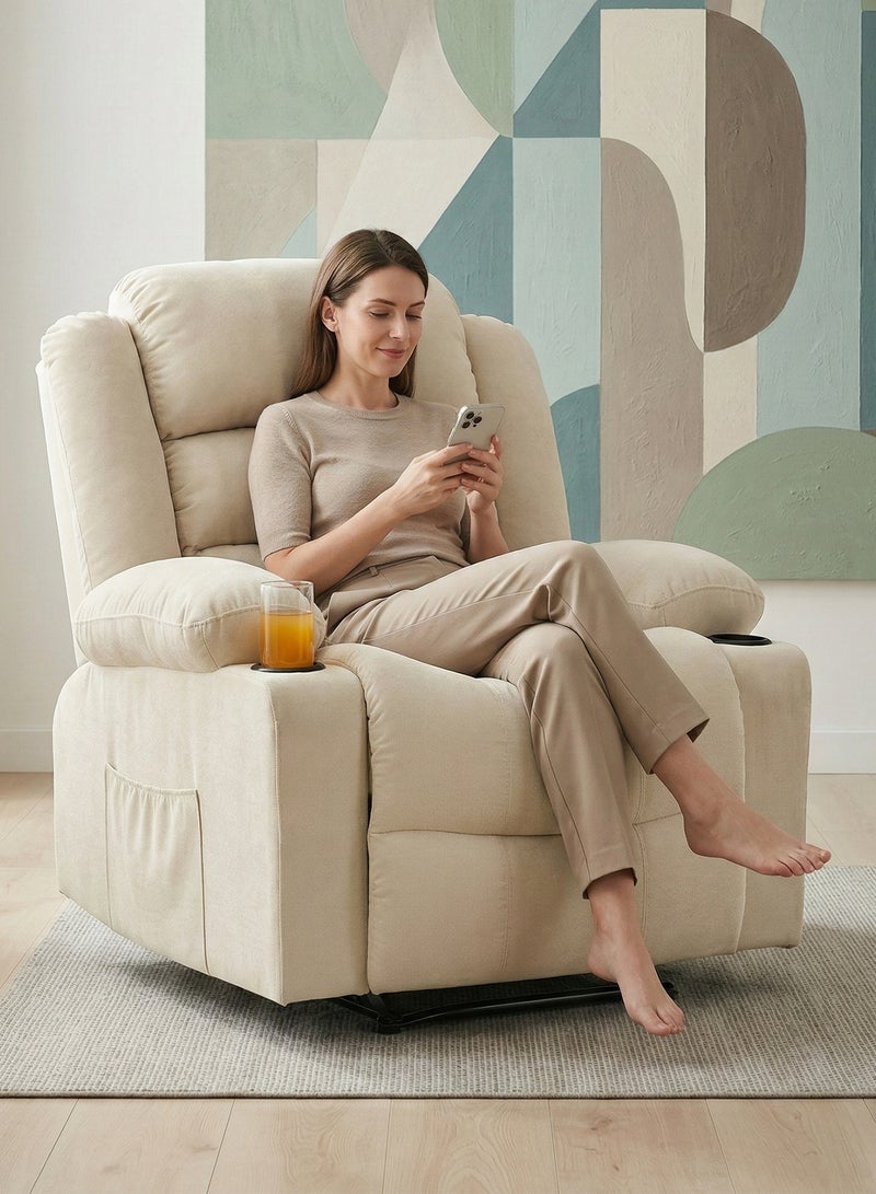 M-Smart Velvet fabric  Fixed Recliner Chair for Living Room - Ergonomic Lazy Boy Chair with Dual Cup Holder & Side Pocket for Long Seating, Reading, Watching TV and Napping, 100x86x89cm - Beige - Image 4