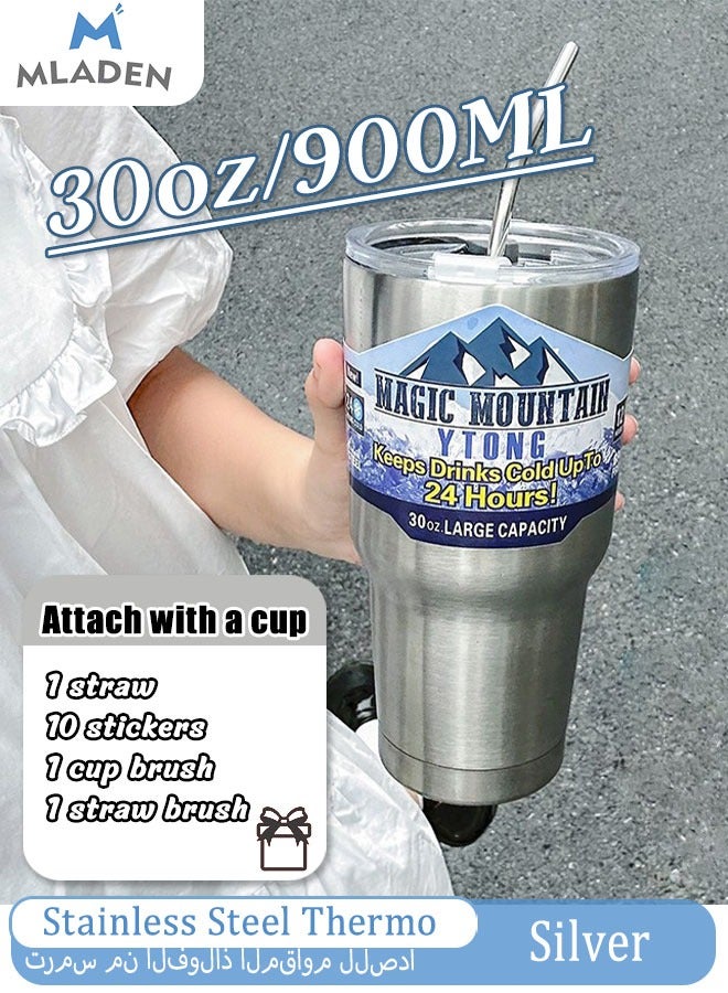 MLADEN 30oz High Quality Coffee Cup Stainless Steel Thermo Vacuum Double Wall Travel Coffee Tumbler Mug Cold Hot Insulated With Spill Resistant Lid&Reusable Straws Stickers Cup Brush Straw Brush - Image 1