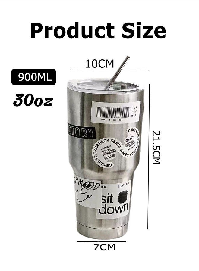 MLADEN 30oz High Quality Coffee Cup Stainless Steel Thermo Vacuum Double Wall Travel Coffee Tumbler Mug Cold Hot Insulated With Spill Resistant Lid&Reusable Straws Stickers Cup Brush Straw Brush - Image 2