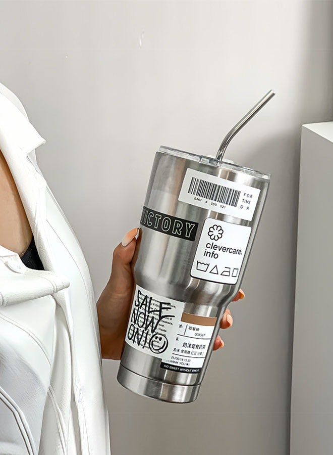 MLADEN 30oz High Quality Coffee Cup Stainless Steel Thermo Vacuum Double Wall Travel Coffee Tumbler Mug Cold Hot Insulated With Spill Resistant Lid&Reusable Straws Stickers Cup Brush Straw Brush - Image 3