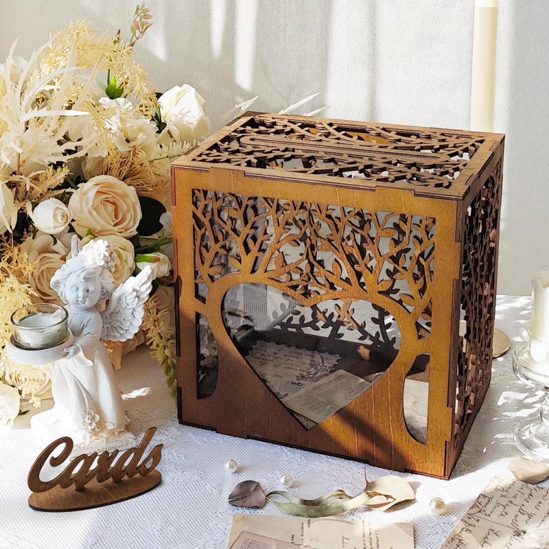 OurWarm Wedding Card Box with Acrylic Window, Wooden Gift Card Box for Wedding Decorations for Reception, Rustic Brown Wood Money Keepsake Boxes for Wedding Decor Baby Shower Birthday Graduation Party - Image 1