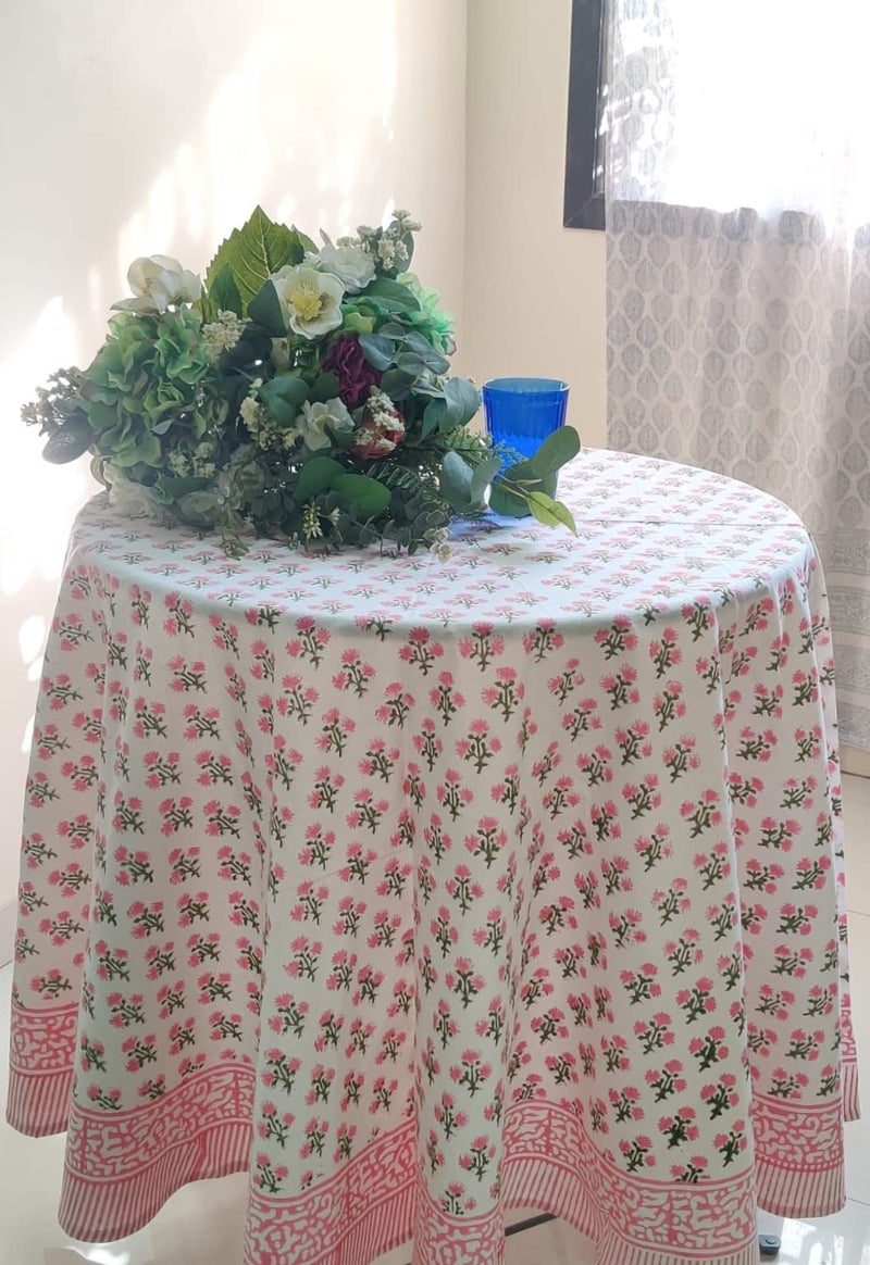 ATOSII Gulbahar White Pink 100% Cotton Spring Summer Round Tablecloth, Block Print Table Cloth for Dining, Weddings, Outdoors, Parties, Grand Millenial Home Decor 90" Inches I - Image 4