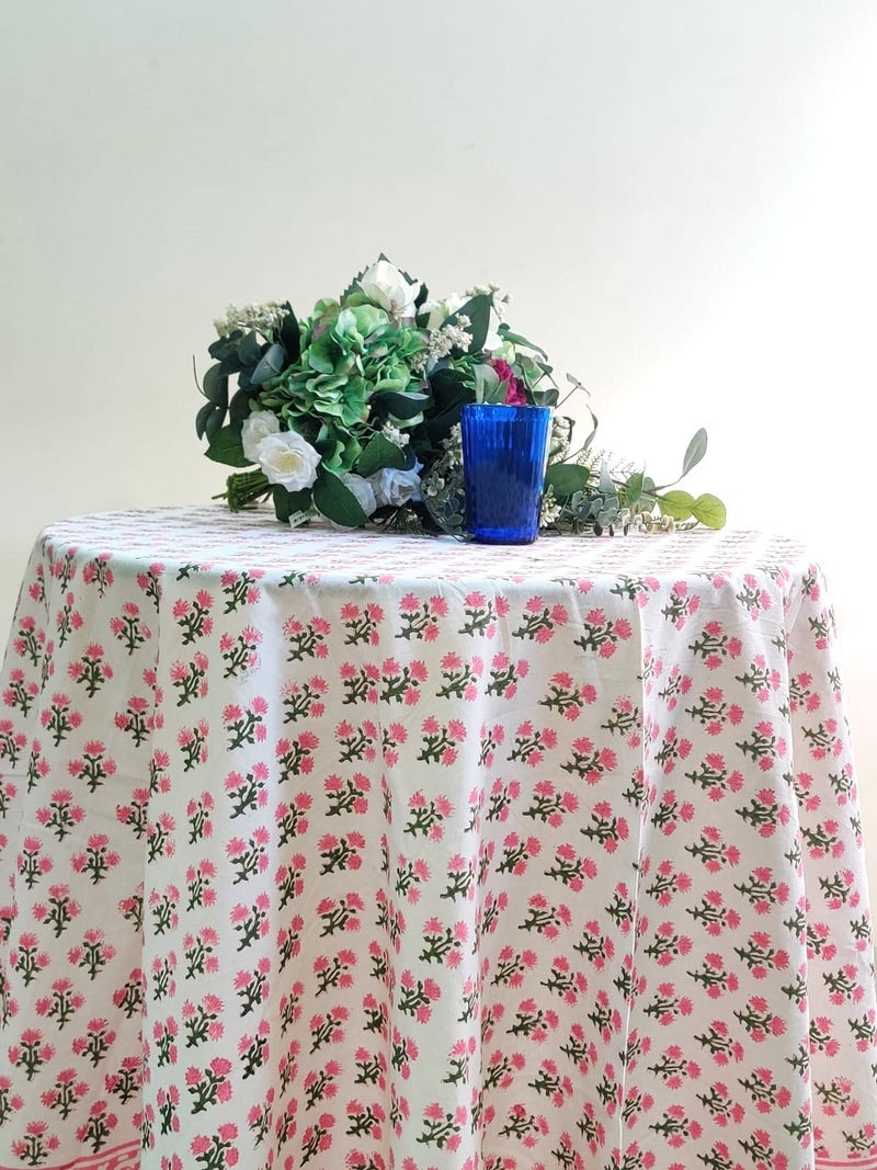 ATOSII Gulbahar White Pink 100% Cotton Spring Summer Round Tablecloth, Block Print Table Cloth for Dining, Weddings, Outdoors, Parties, Grand Millenial Home Decor 90" Inches I - Image 2