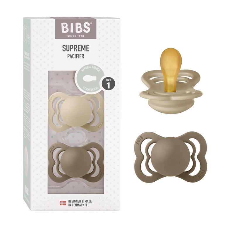 BIBS Pacifiers - Supreme Collection | BPA-Free Baby Pacifier | Made in Denmark | Set of 2 Vanilla/Dark Oak Color Premium Soothers | Size 0-6 Months - Image 1