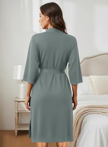 NY Threads Women's Robe Long Knit Bathrobe 3/4 Sleeves Soft Kimono Lightweight Loungewear, Medium, Grey - Image 2