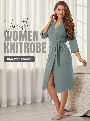 NY Threads Women's Robe Long Knit Bathrobe 3/4 Sleeves Soft Kimono Lightweight Loungewear, Medium, Grey - Image 5